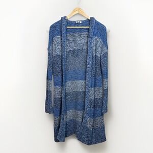 Gap Blue Striped Hooded Cardigan Women Large Open Front Long Length Knit Sweater